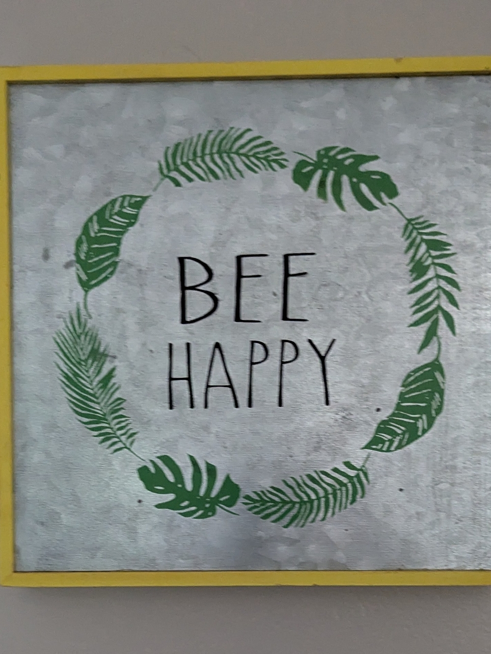 Yellow Framed "Bee Happy" Wall Art with Green Leaf Wreath